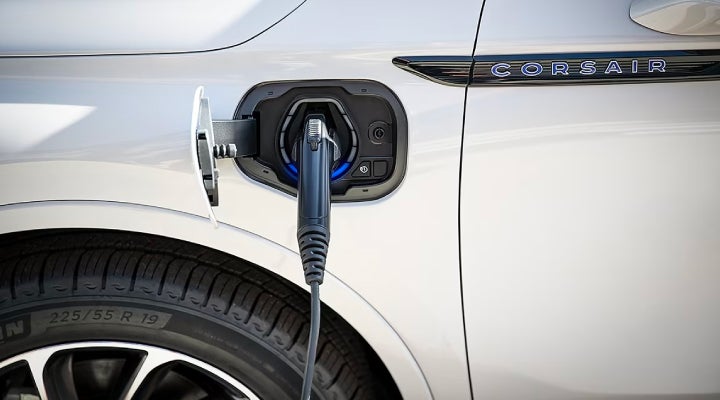 An electric charger is shown plugged into the charging port of a Lincoln Corsair® Grand Touring
model. | Mark McLarty Lincoln in North Little Rock AR
