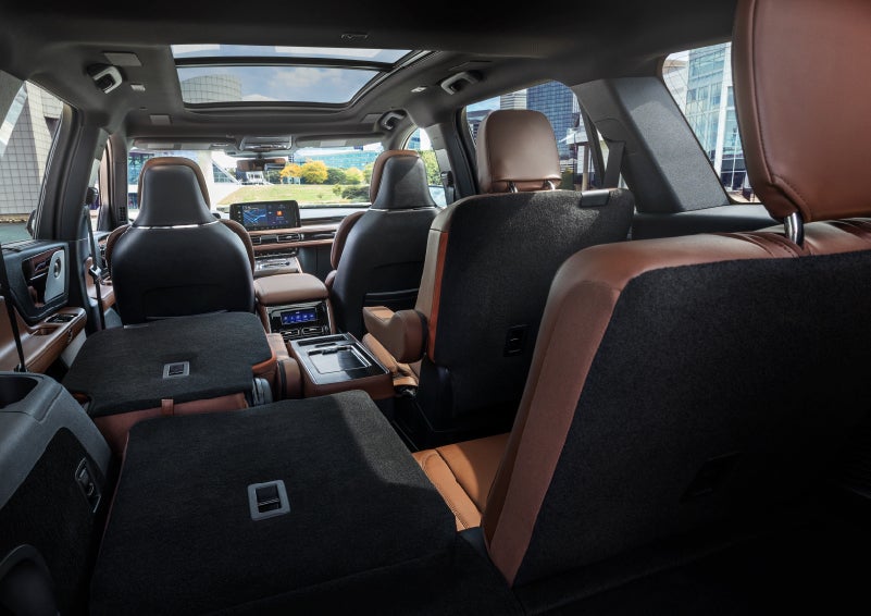The interior of the 2025 Lincoln Aviator® SUV is shown with two seats folded down for added space. | Mark McLarty Lincoln in North Little Rock AR