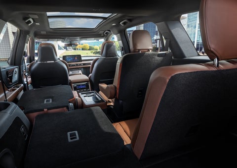 The interior of the 2025 Lincoln Aviator® SUV is shown with two seats folded down for added space. | Mark McLarty Lincoln in North Little Rock AR