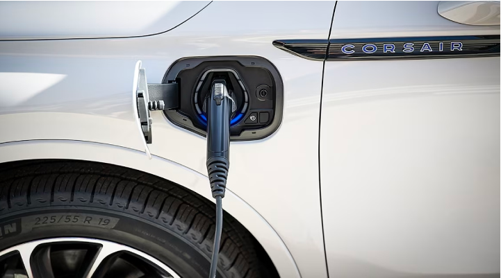 An electric charger is shown plugged into the charging port of a Lincoln Corsair® Grand Touring
model. | Mark McLarty Lincoln in North Little Rock AR