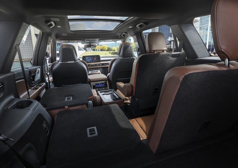 One side of the PowerFold® third-row seat and a second-row seat are folded forward in the 2026 Lincoln Aviator® SUV. | Mark McLarty Lincoln in North Little Rock AR